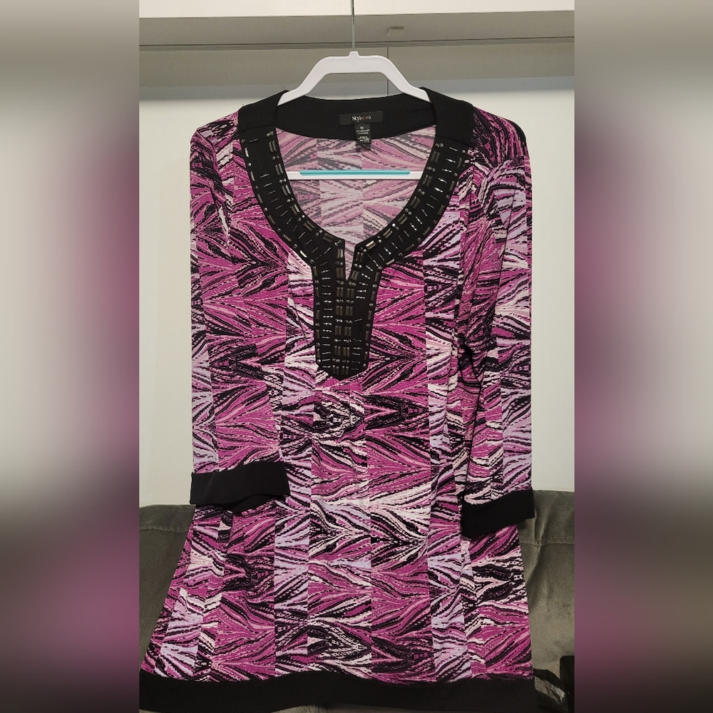 Style & Co Pink and Black Graphic 3/4 Sleeve Blouse (S0003)
